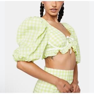 For Love & Lemons Maureen Gingham Puff Sleeve Bustier Tie Back Crop Top XS